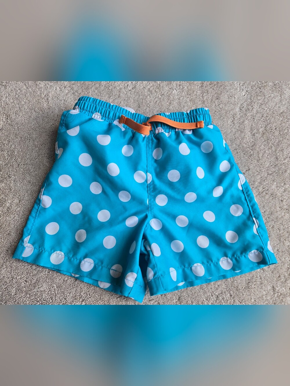 Kids PRIMARY Turquoise Polka Dot Swim Shorts with Orange Drawstring